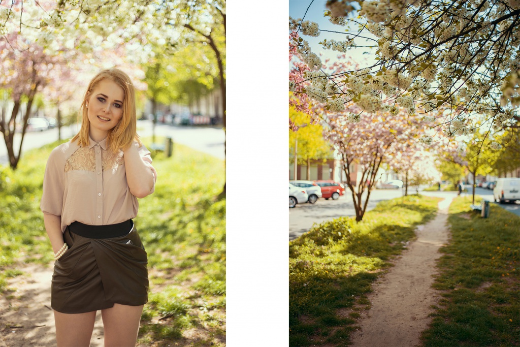 Die Wahlberlinerin Christina Key trägt einen sexy Minirock in khaki